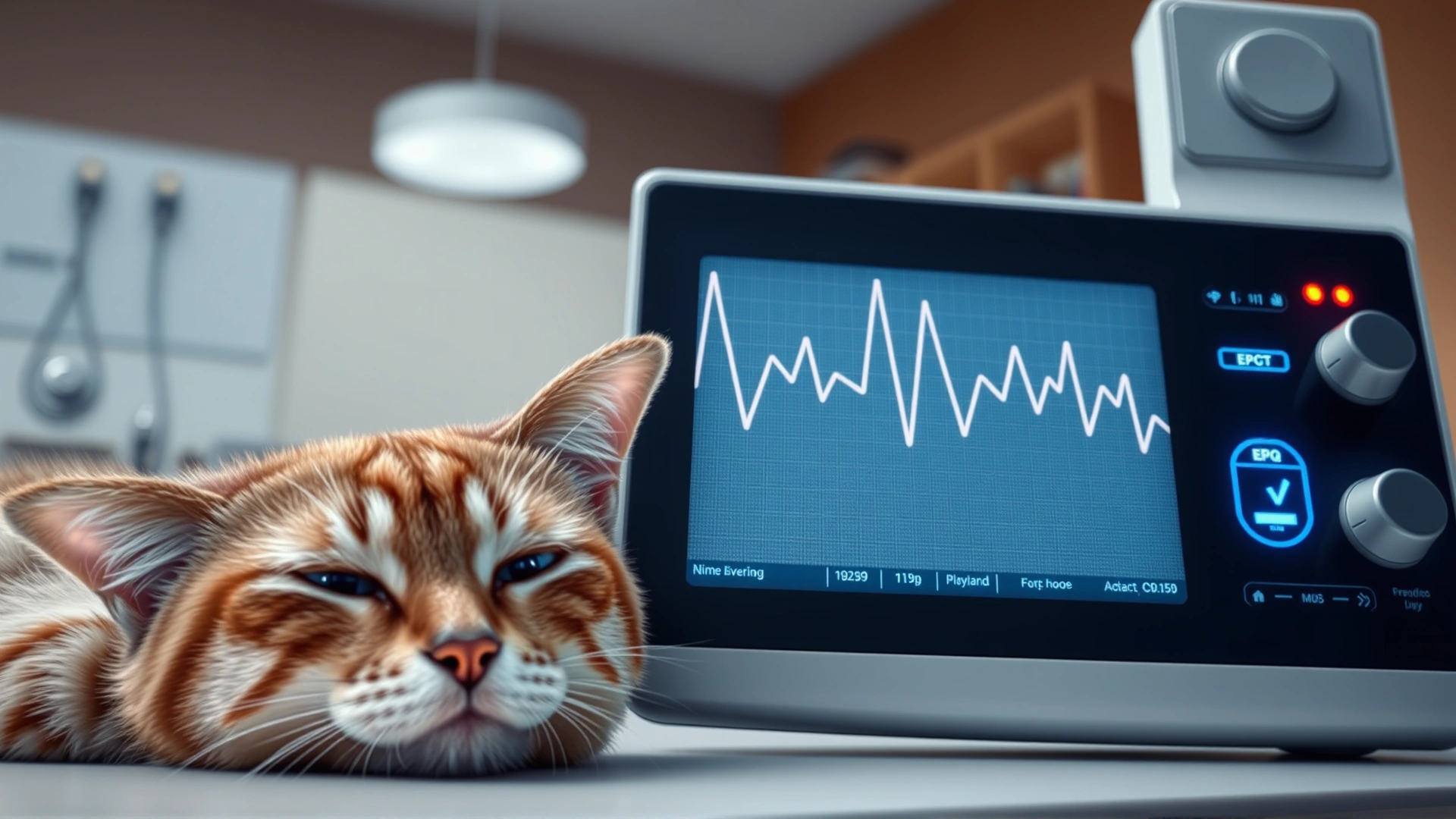 Close-up photo of an ECG monitor displaying a clear cardiac waveform while a cat lies comfortably nearby, soft clinic background