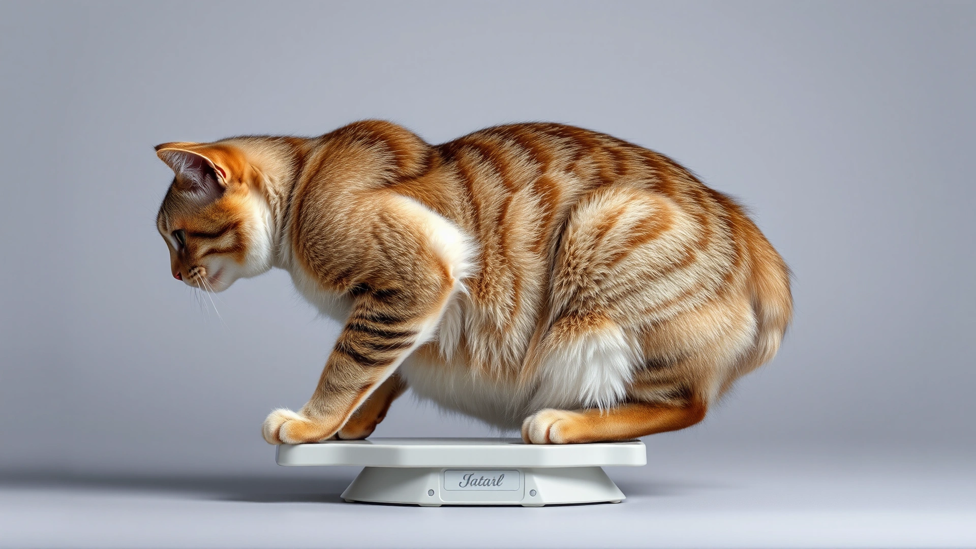 Side profile of a cat with a visibly distended abdomen sitting on a scale, neutral background, no text