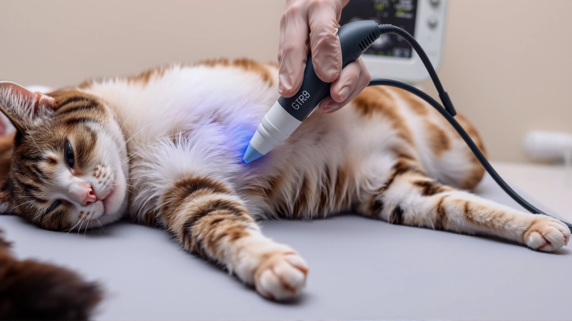 Ultrasound probe placed on the shaved abdomen of a relaxed cat lying on its back, technician wearing disposable gloves, ultrasound monitor slightly visible.