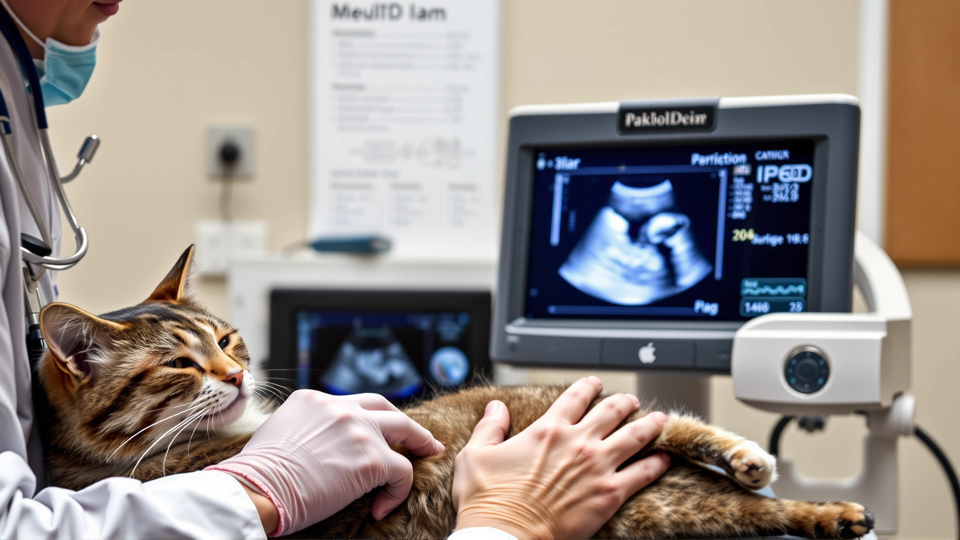 Veterinarian performing abdominal ultrasound on a calm cat, ultrasound monitor visible, clinical setting