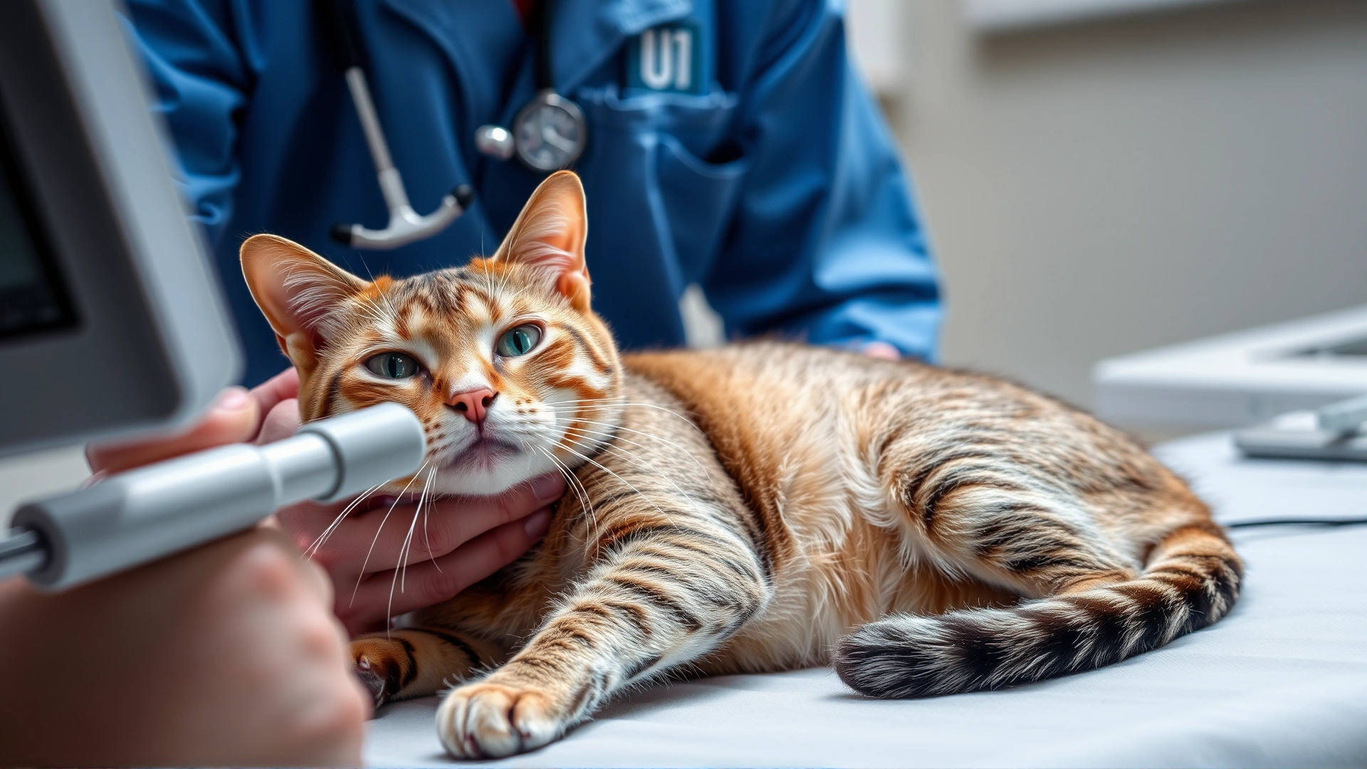 Veterinarian performing abdominal ultrasound on a calm cat, ultrasound probe and monitor visible, clinical setting.