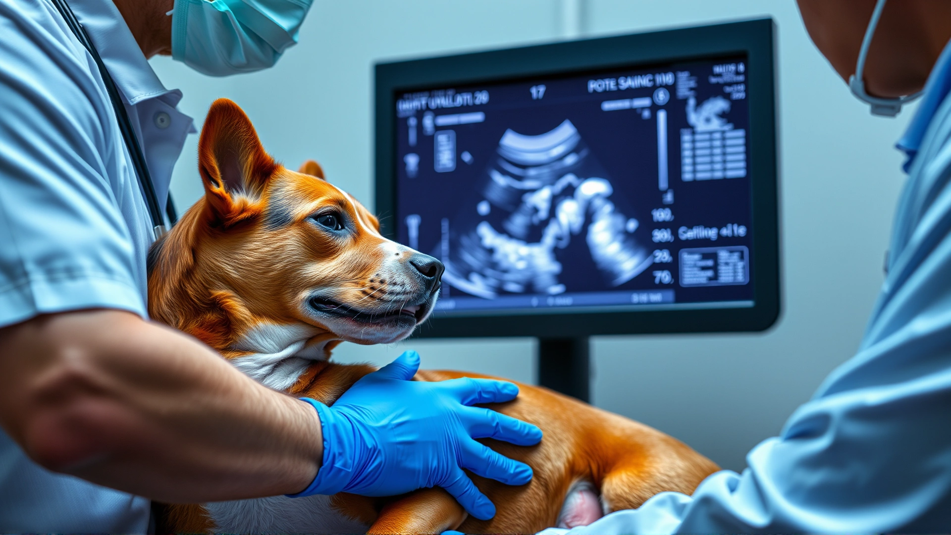 Veterinarian performing abdominal ultrasound on a medium-sized dog, ultrasound screen visible but blurred, illustrates diagnostic process