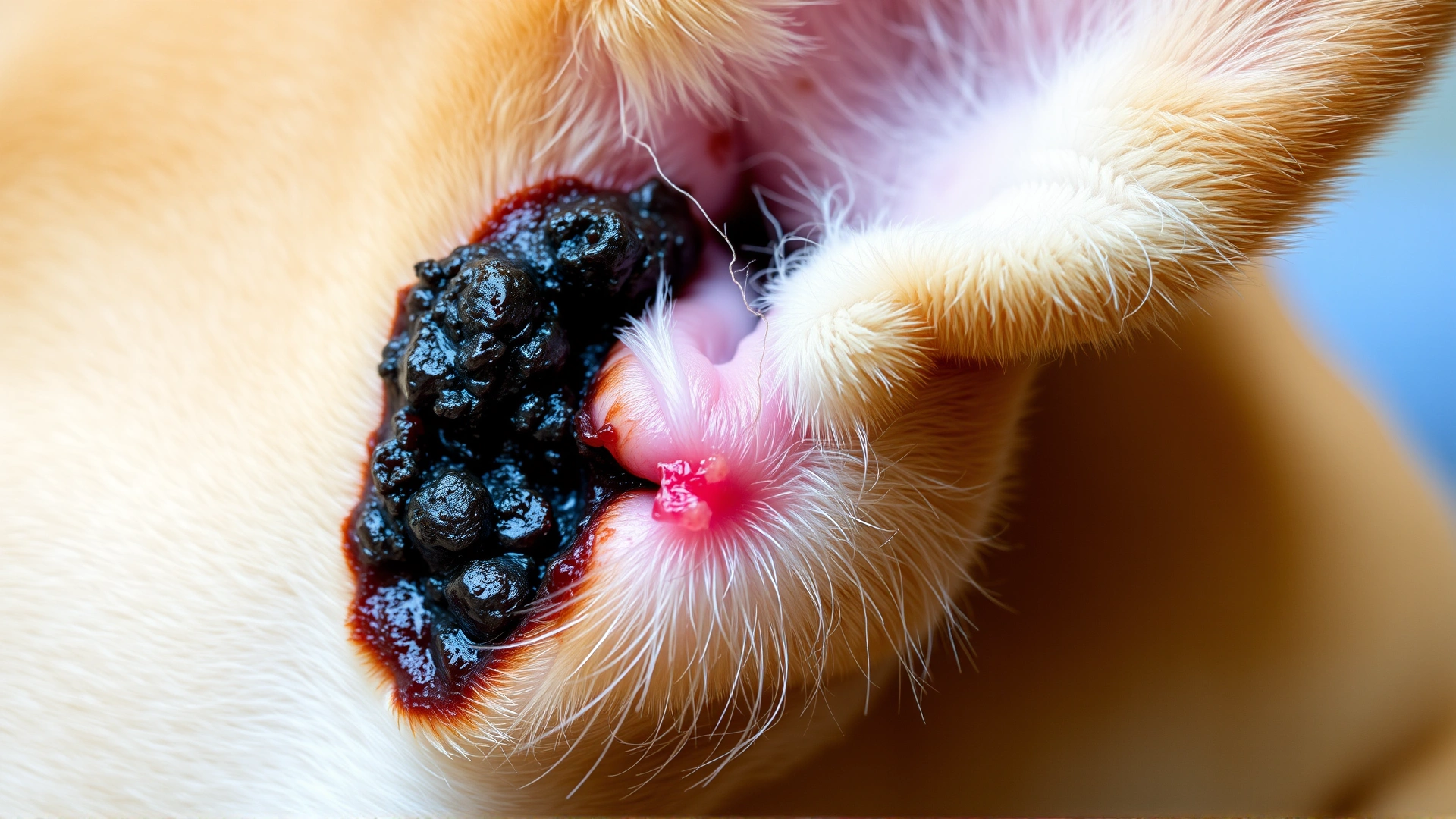 Close-up image of a dog's ear with dark, crusty discharge and visible redness, illustrating abnormal earwax condition.