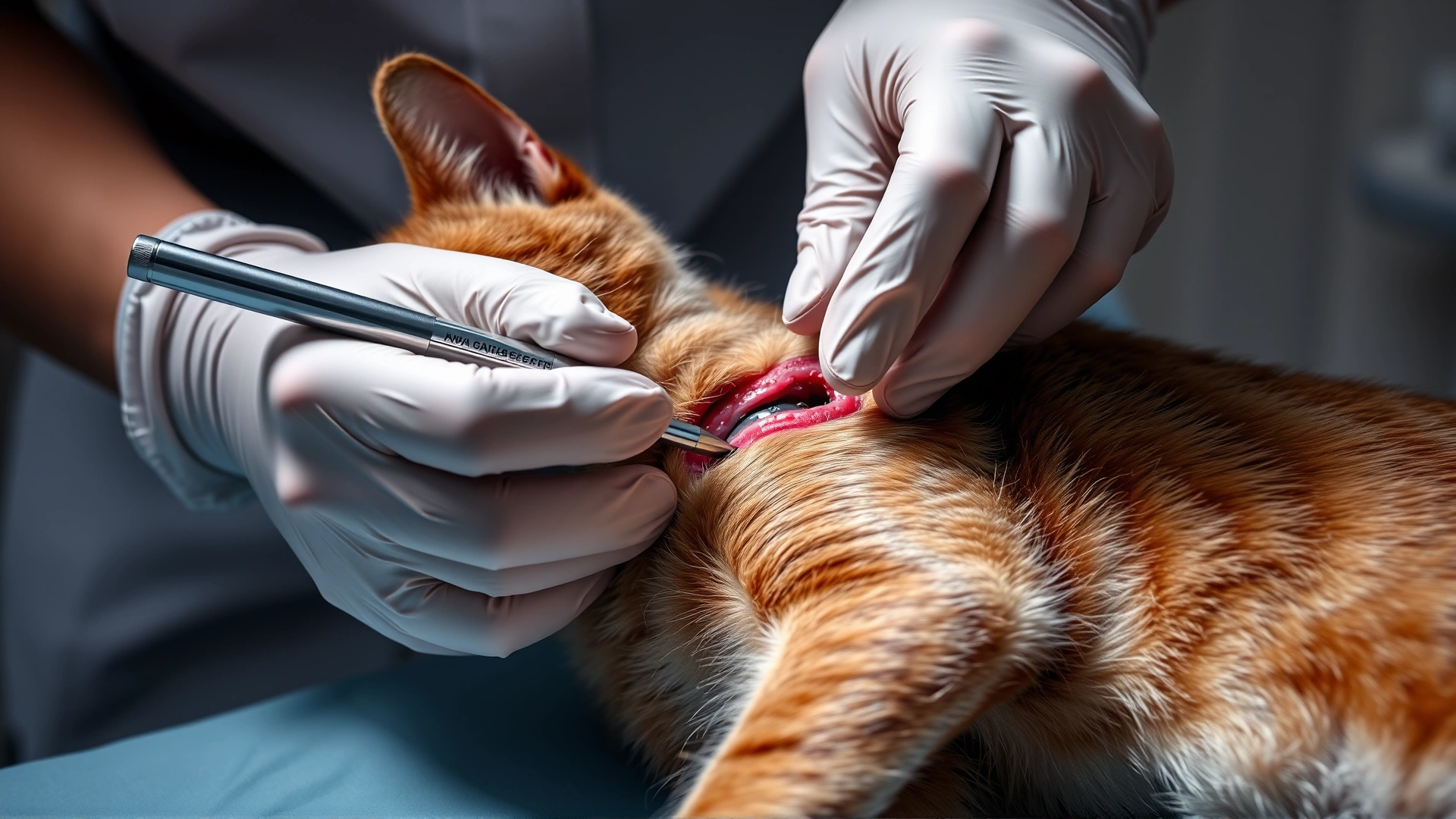 Veterinarian cleaning and draining an abscess on a sedated cat's neck, gloved hands and sterile instruments visible