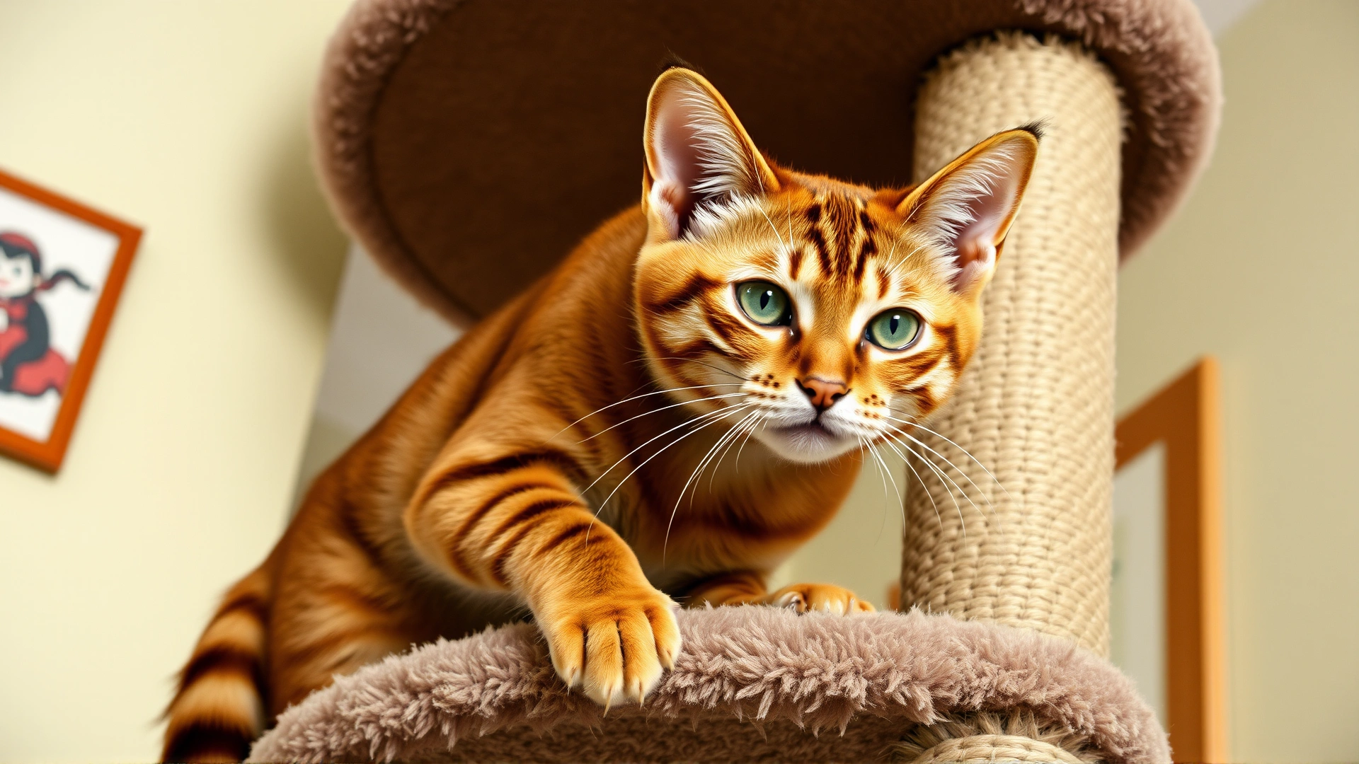 Active Abyssinian cat climbing a tall cat tree, looking down with alert eyes, bright indoor lighting