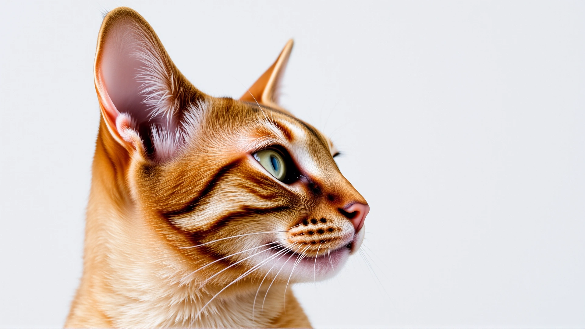 Close-up profile shot of an adult Abyssinian cat, emphasizing its golden eyes, ticked reddish-brown coat, and tall alert ears against a neutral background.