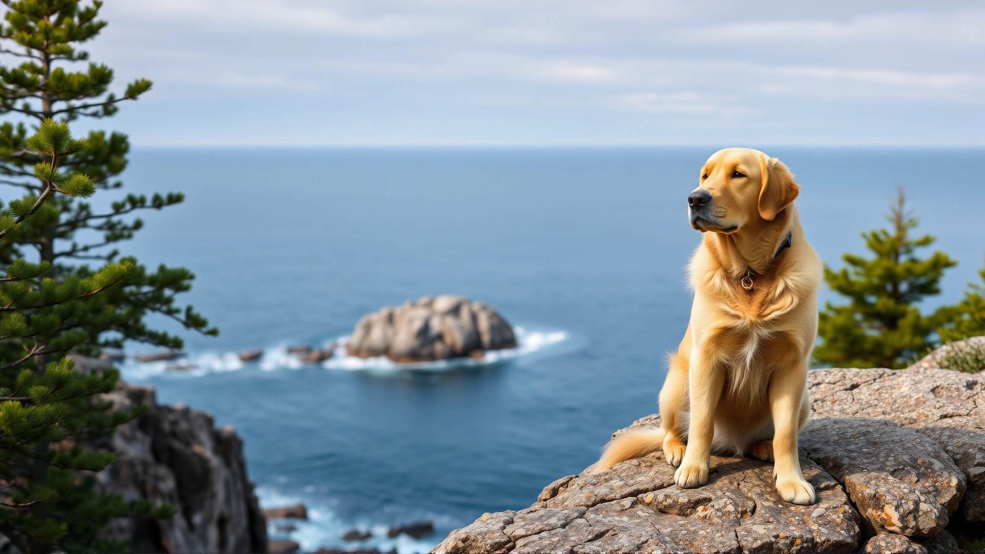 A golden retriever sitting on a rocky seaside cliff of Acadia National Park with pine trees and ocean behind.