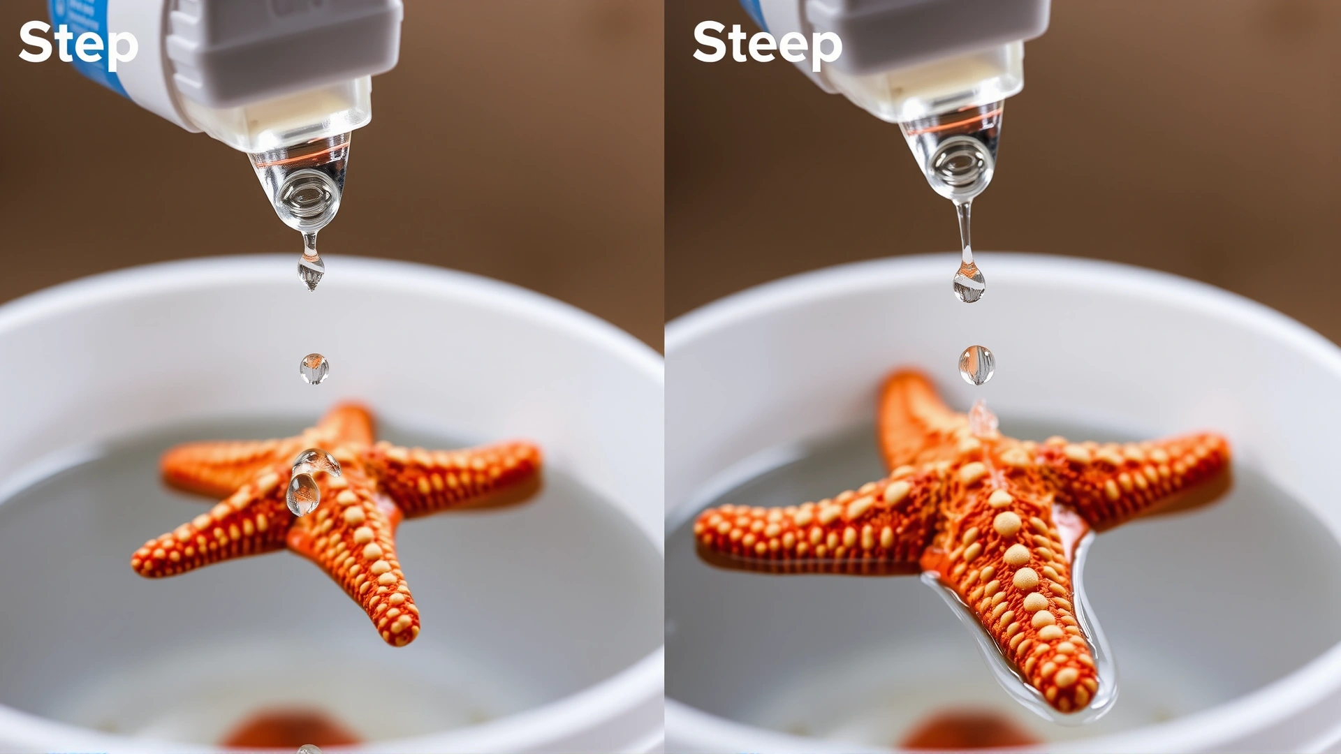 Step-by-step macro sequence of the drip acclimation process for a starfish: airline tubing dripping water into a bucket where a starfish is submerged; focus on clear tubing and steady droplets