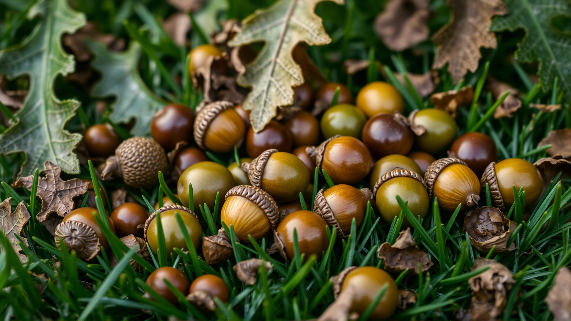 Close-up of green and brown acorns and oak leaves scattered on lush grass, shallow depth of field, no text.