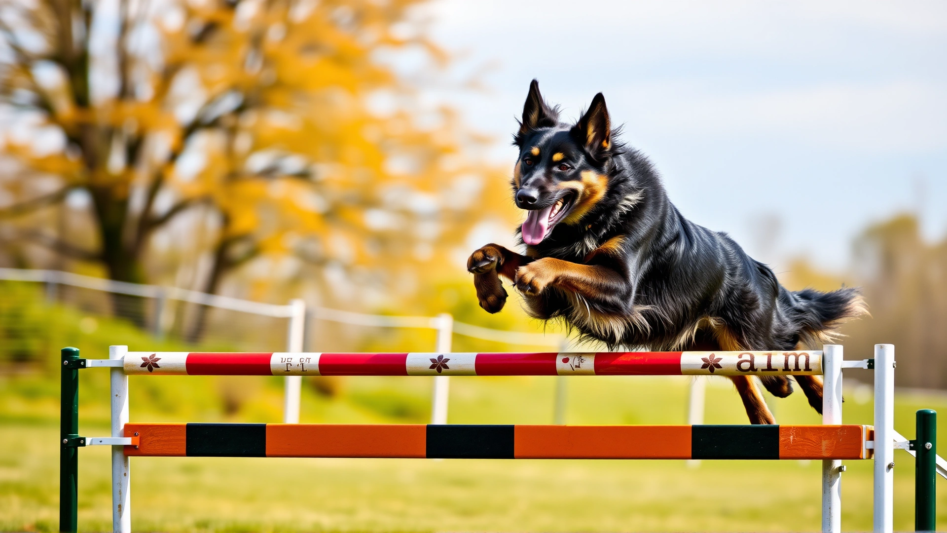 Belgian Sheepdog mid-air leap over an agility hurdle, vibrant outdoor training field, motion blur on background