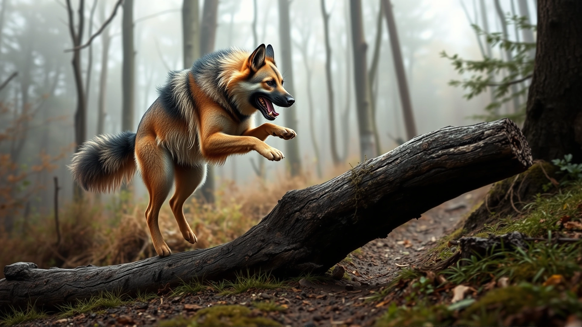Dynamic shot of a Sheprador leaping over a fallen log on a forest trail, symbolizing athleticism and adventurous spirit.