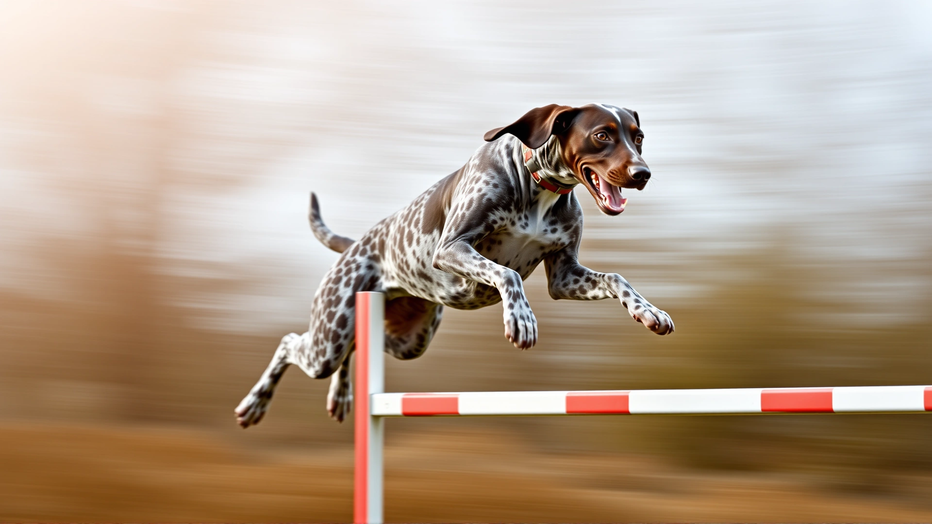A German Shorthaired Pointer mid-air while leaping over an agility hurdle during training, motion blur background emphasizing speed and athleticism.