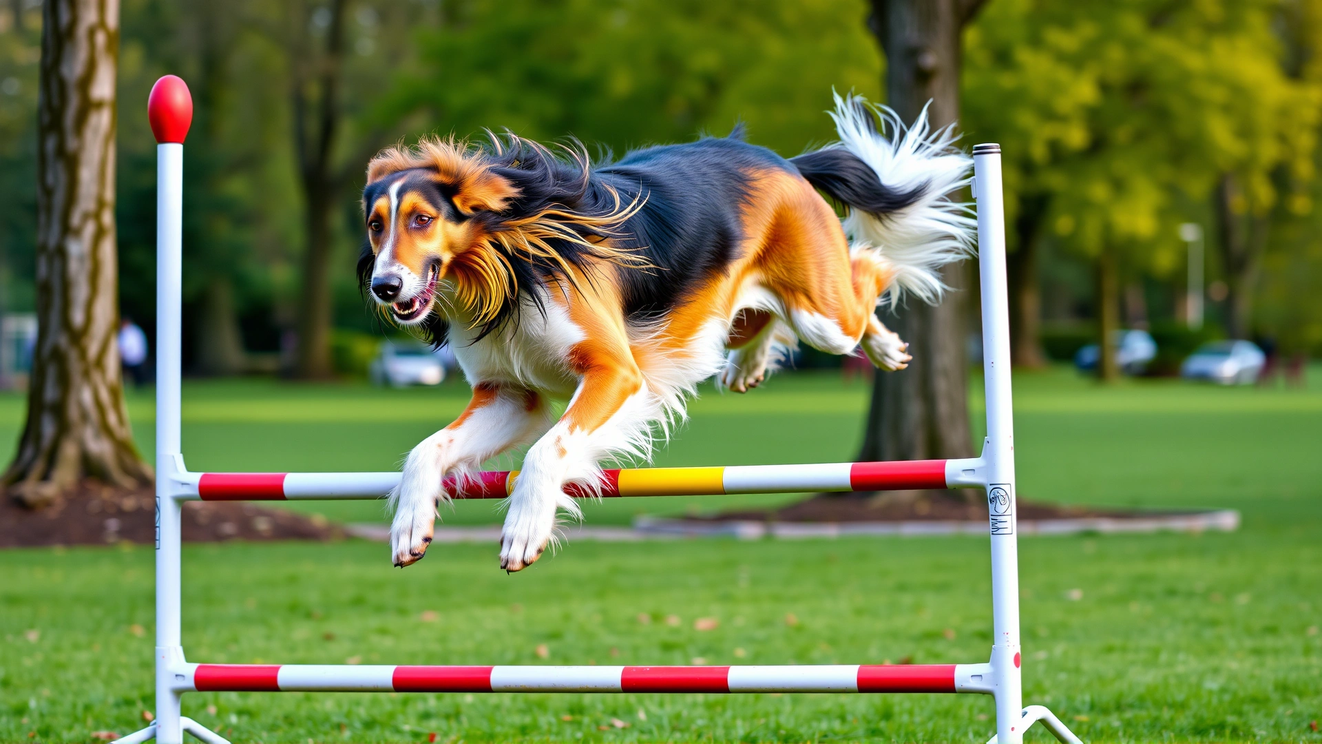 Afghan Hound mid-air while leaping through an agility hoop in a park, vibrant colors and dynamic posture frozen in action.