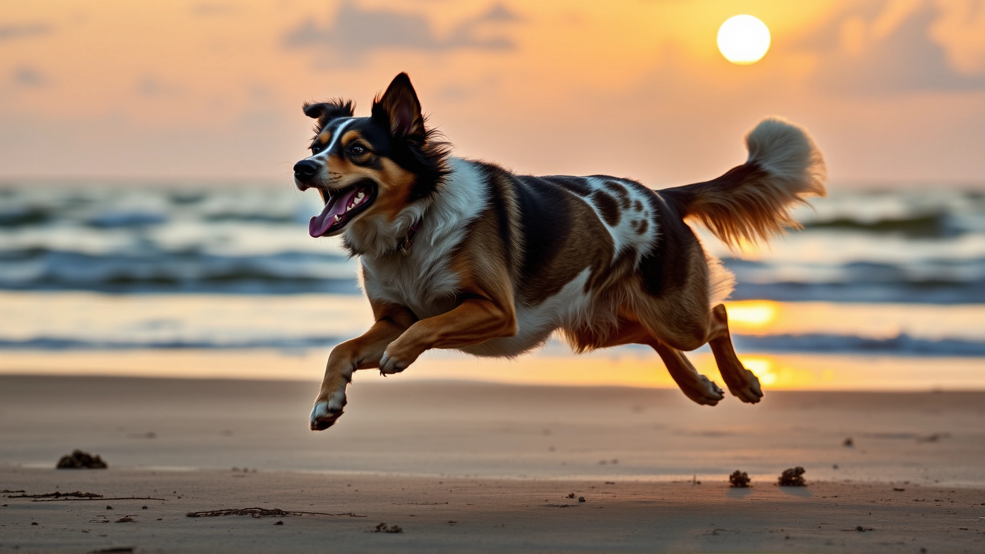 Energetic mixed-breed dog running across a beach shoreline at sunset, symbolizing joint health and vitality
