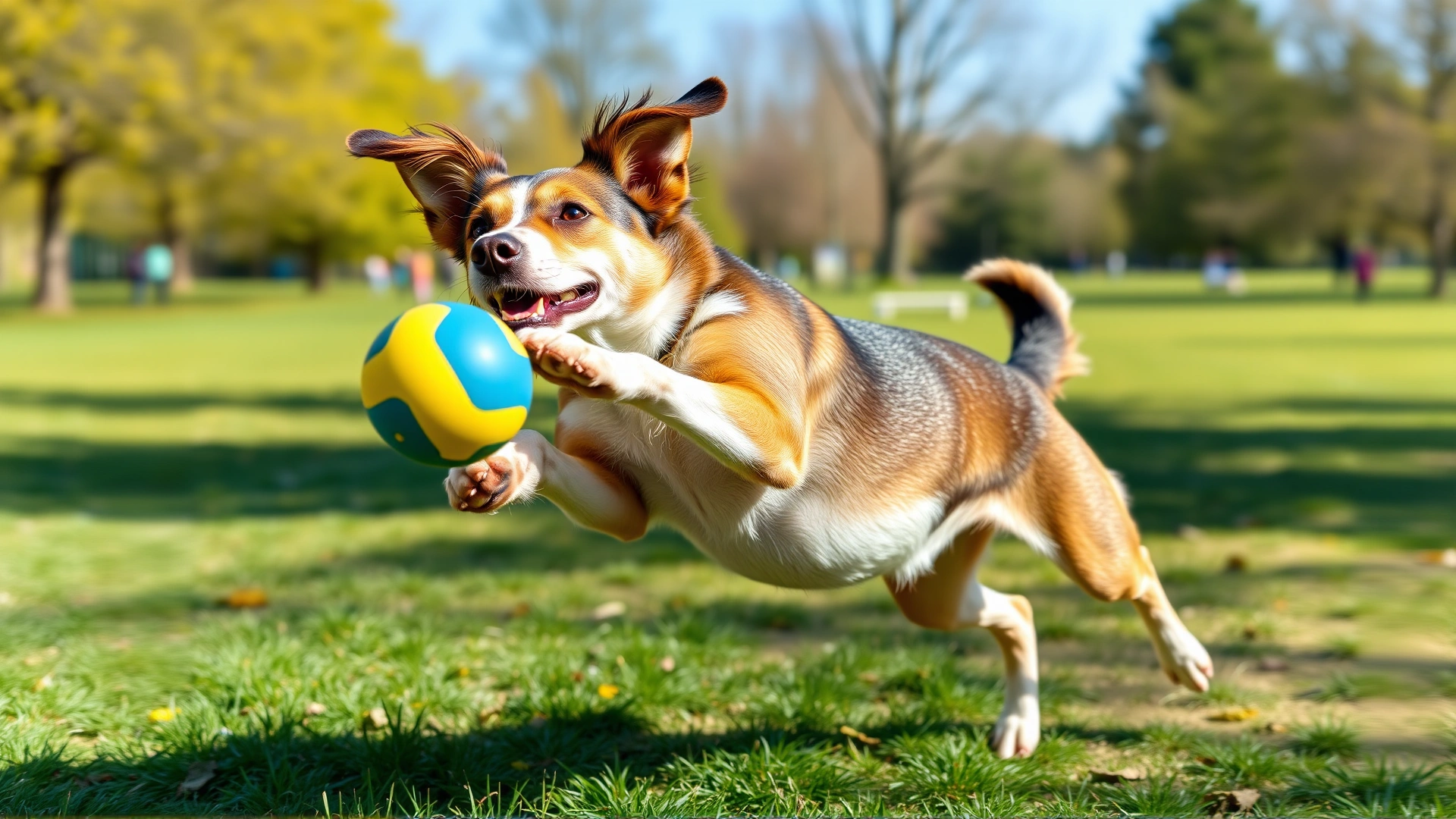 Energetic dog fetching a ball in a park, mid-jump with ears flapping, bright daylight, symbolizing improved activity after treatment