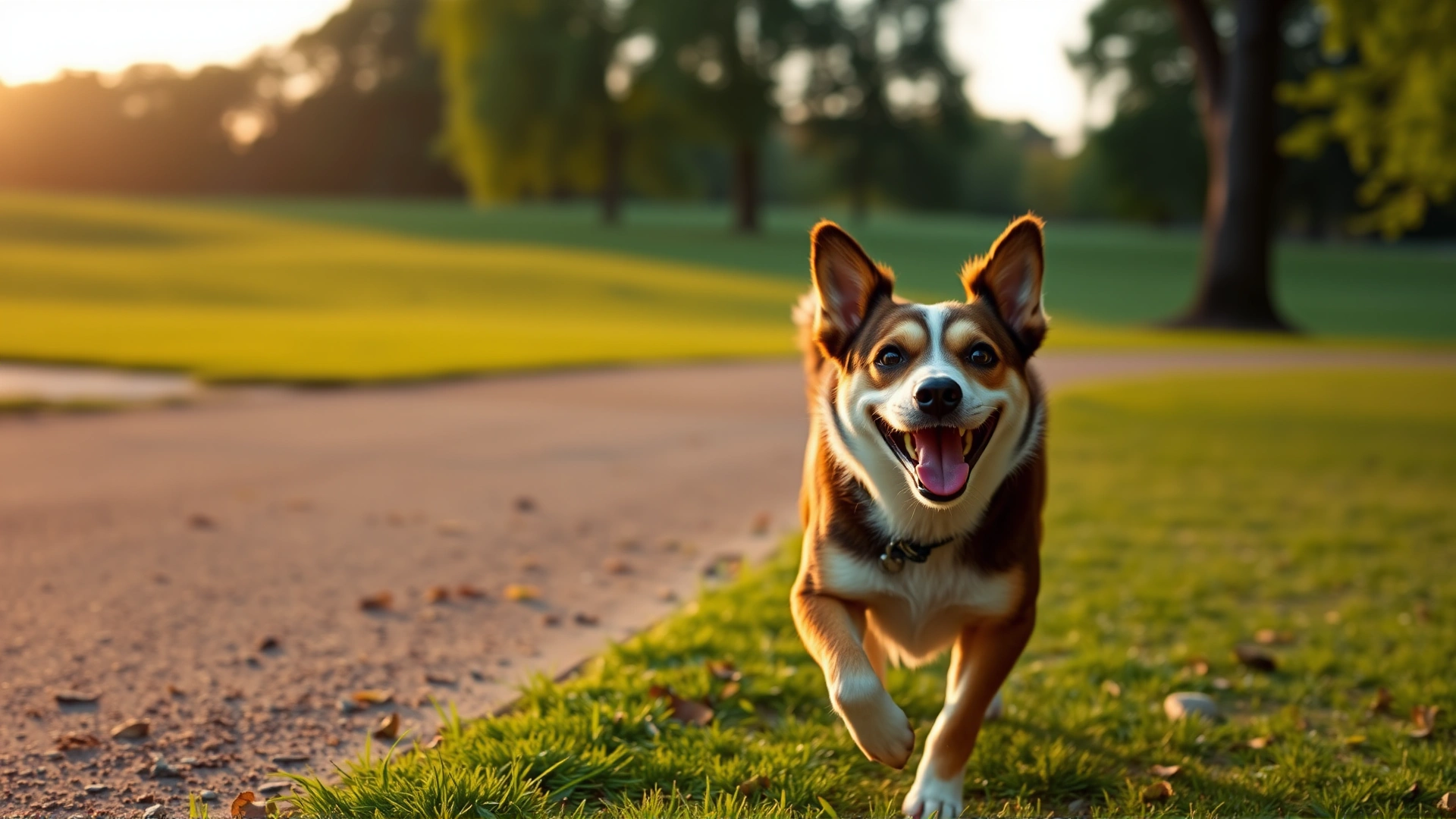 Happy medium-sized dog running in a green park at sunset, symbolizing a healthy lifestyle and exercise