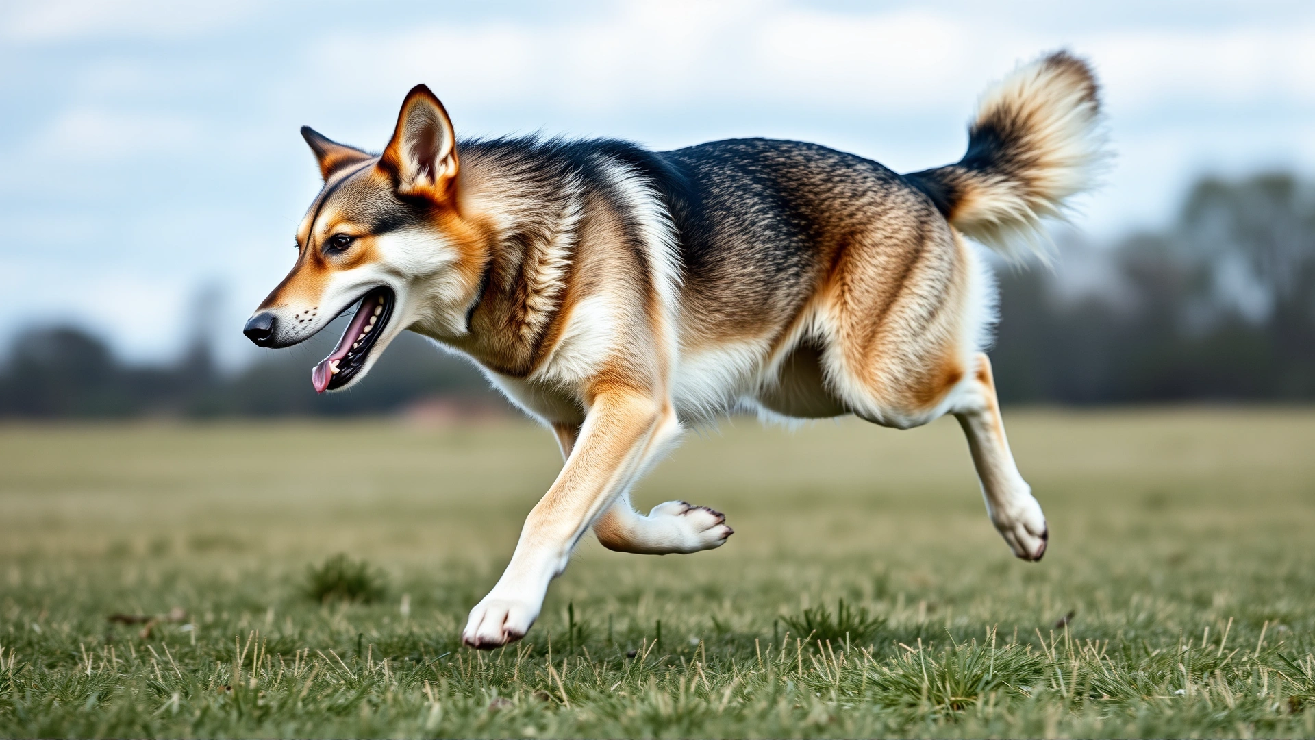 Side view of a Gerberian Shepsky sprinting across an open field, muscles visibly engaged.