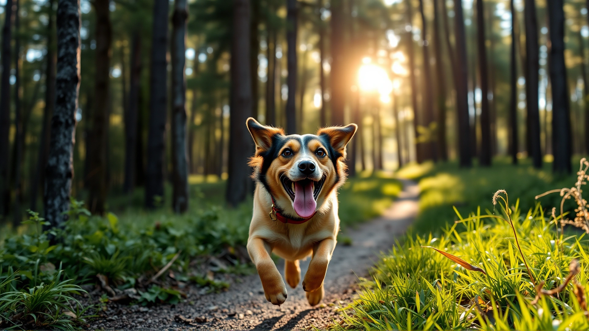 Happy mixed-breed dog running along a forest trail on a sunny day, symbolizing healthy outdoor activity after tick prevention, no text