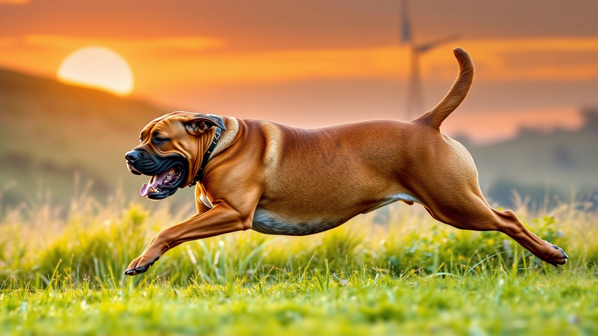 Boerboel running energetically through a grassy meadow at sunset, muscles flexed and ears flapping