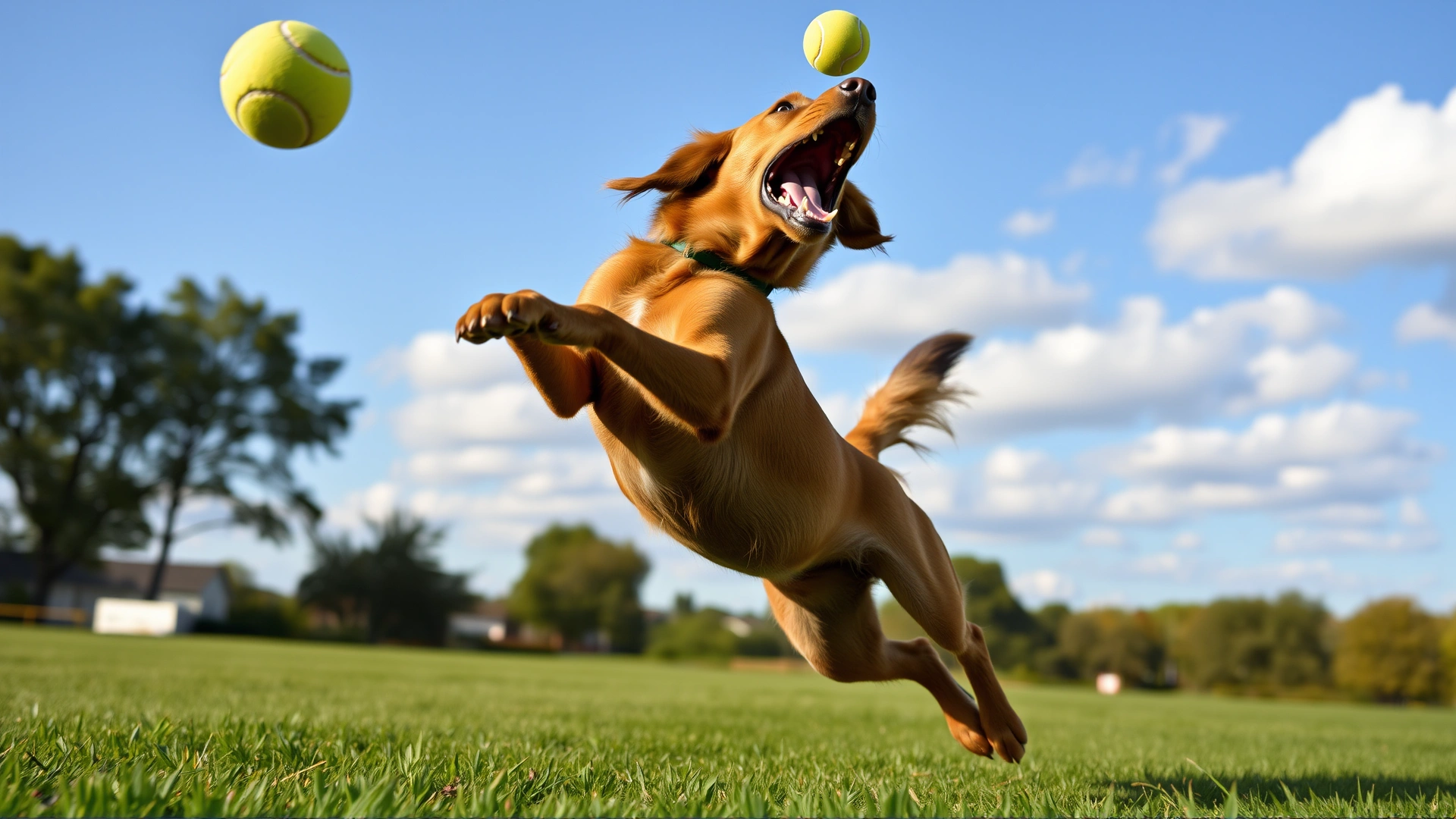 Athletic Chesapeake Bay Retriever leaping mid-air to catch a tennis ball on a green field during bright daylight, capturing energy and agility