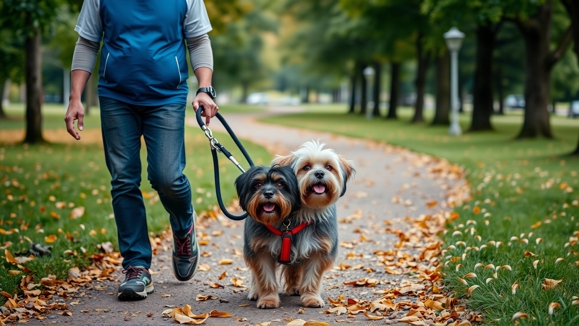 Senior couple walking a Havanese dog on a leafy park trail, showcasing active lifestyle compatibility.