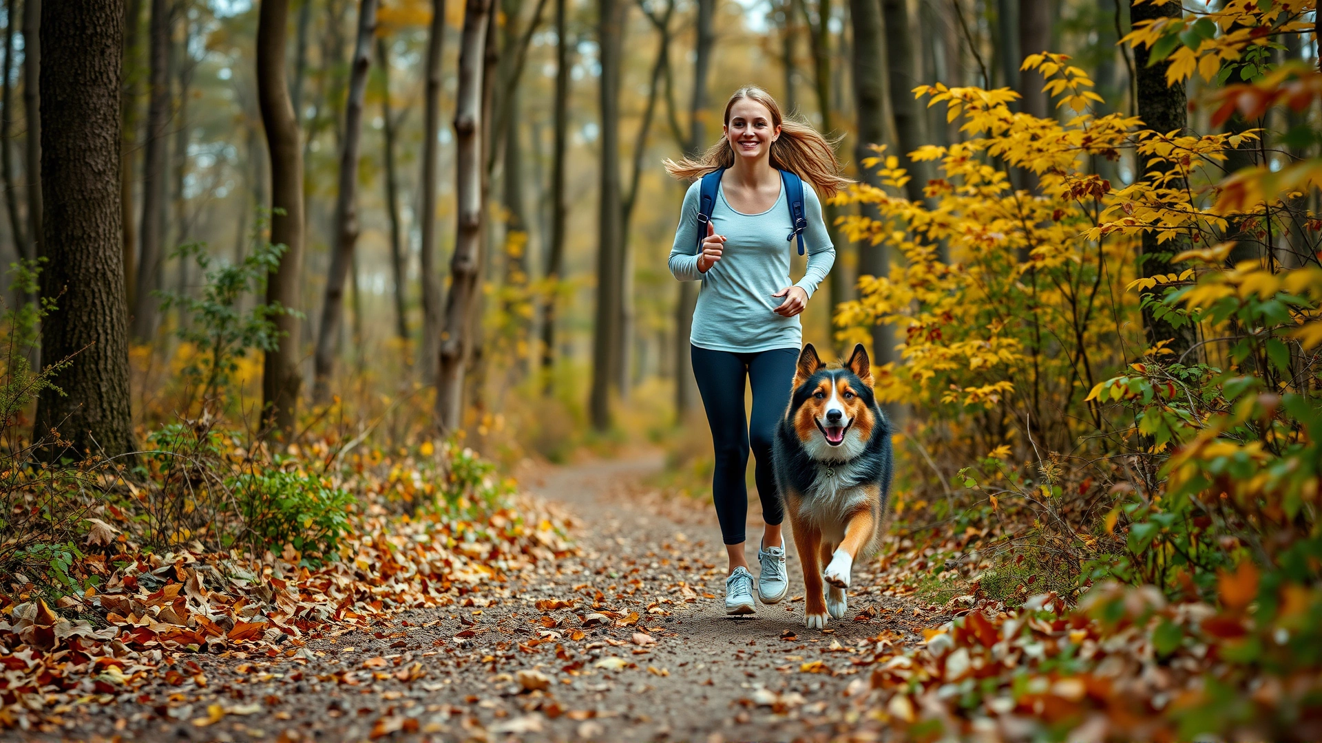 Young woman jogging on a forest trail with her Australian Shepherd running happily beside her, autumn leaves on ground.
