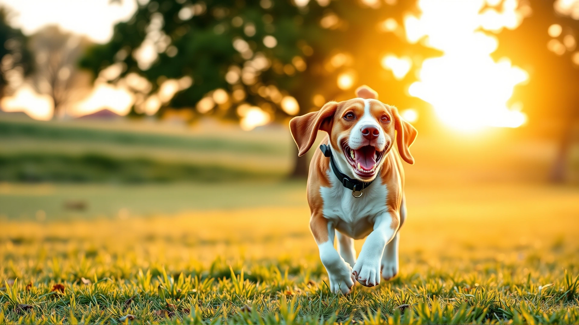 Outdoor image of an overweight beagle jogging on a grassy field during sunset, showcasing movement and positive energy, high resolution.