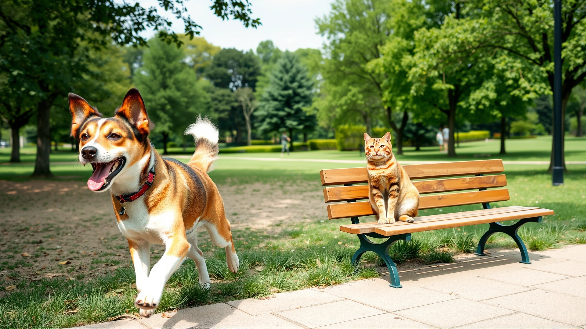 Energetic mixed-breed dog running in a park while an older but healthy cat watches from a sunny bench, representing improved quality of life after thyroid treatment
