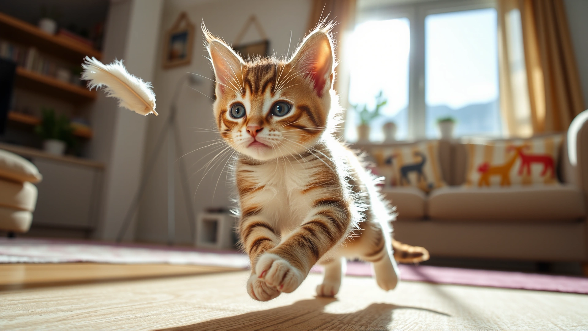 An energetic kitten chasing a feather teaser wand in a sunny apartment, representing physical activity for weight loss