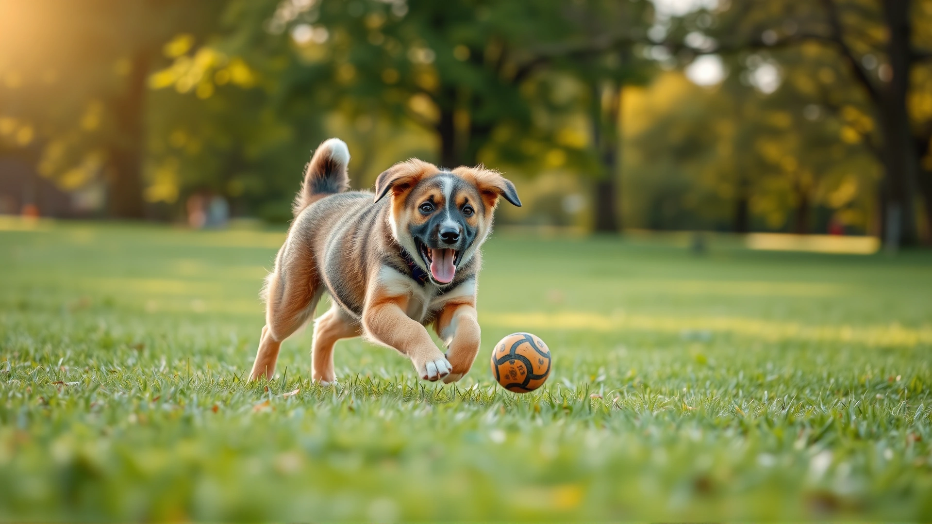 Energetic large-breed puppy running and playing fetch with a ball in a sunlit grassy park, trees blurred in the background conveying motion.