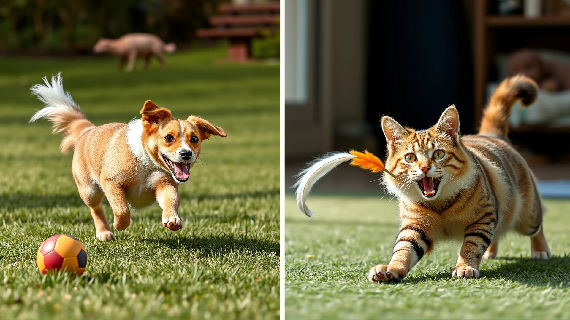 Energetic dog fetching a ball on grass and playful cat chasing a feather toy indoors, montage style action shot.