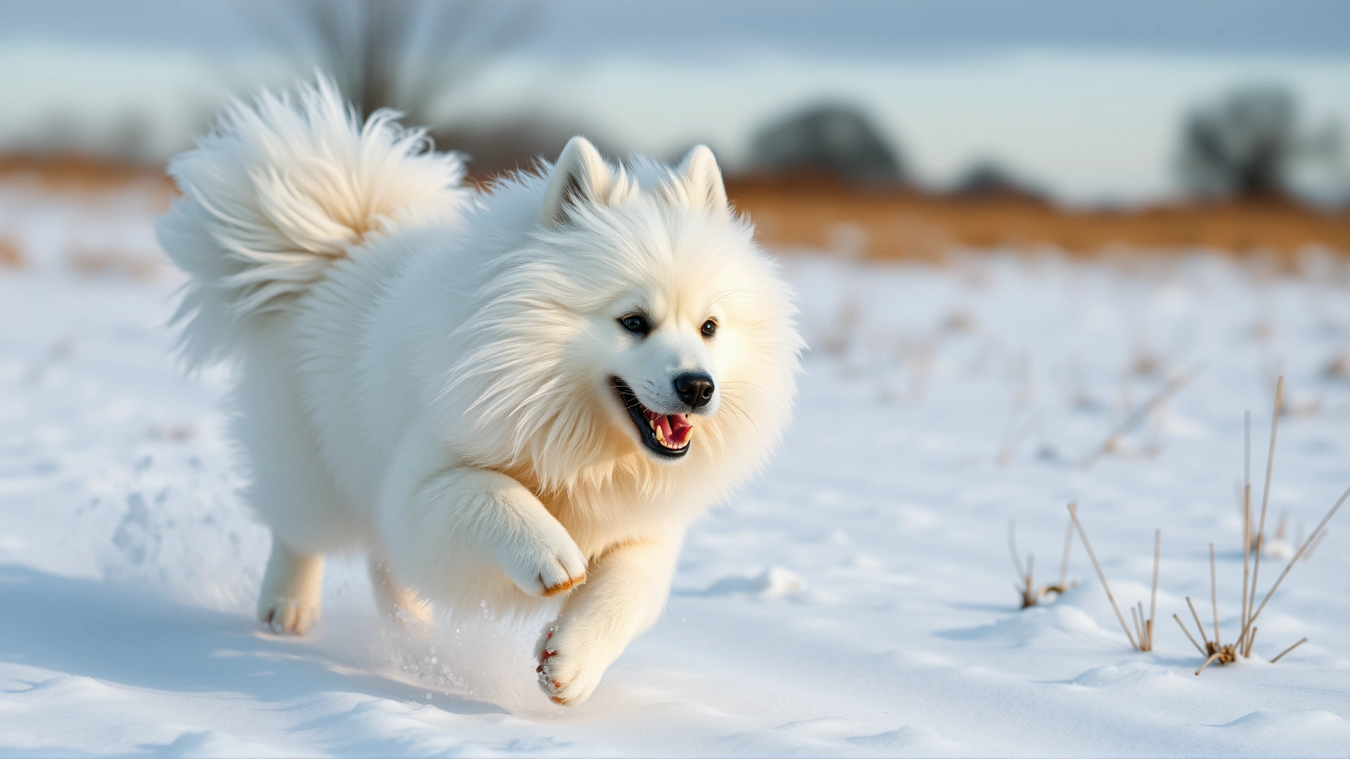 Samoyed dog running energetically through a snowy field, snow flying around its paws