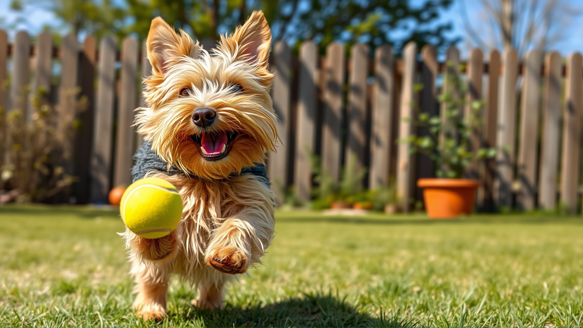 Welsh Terrier enthusiastically chasing a tennis ball in a fenced backyard during a sunny day.