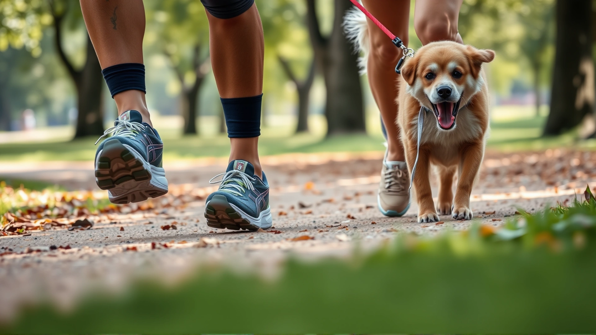 Close-up of legs wearing athletic shoes walking briskly on a park trail with a happy dog on a leash beside them; emphasizes daily exercise.