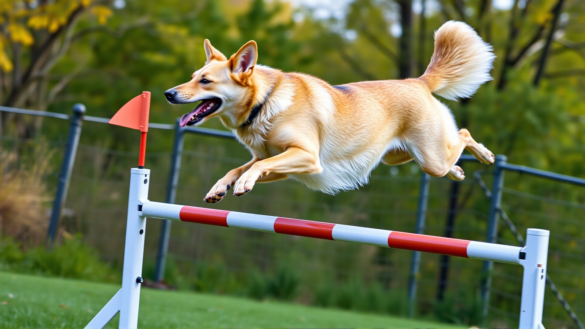 Action shot of a Carolina Dog leaping over an agility hurdle outdoors