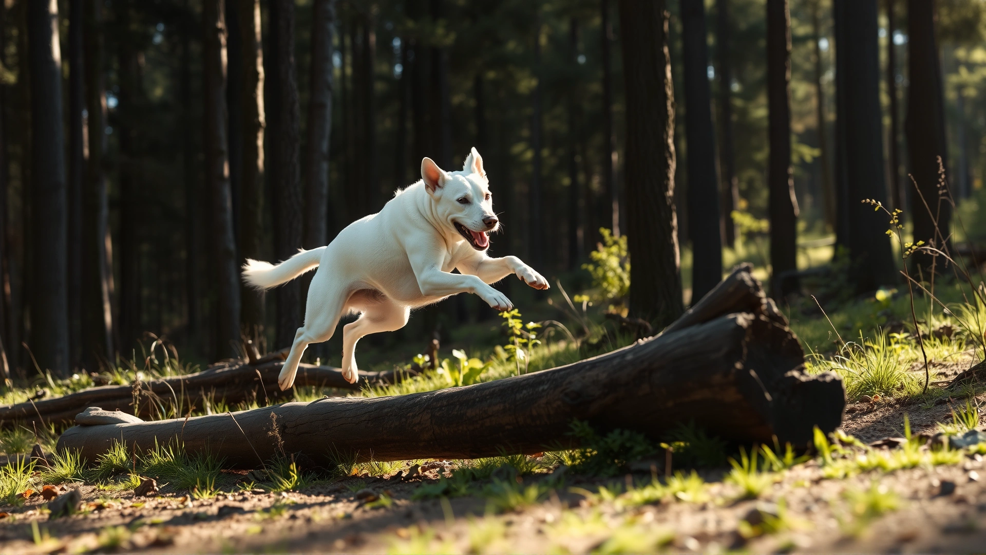 Action photo of a Dogo Argentino leaping over a fallen log in a sun-dappled forest during a hike