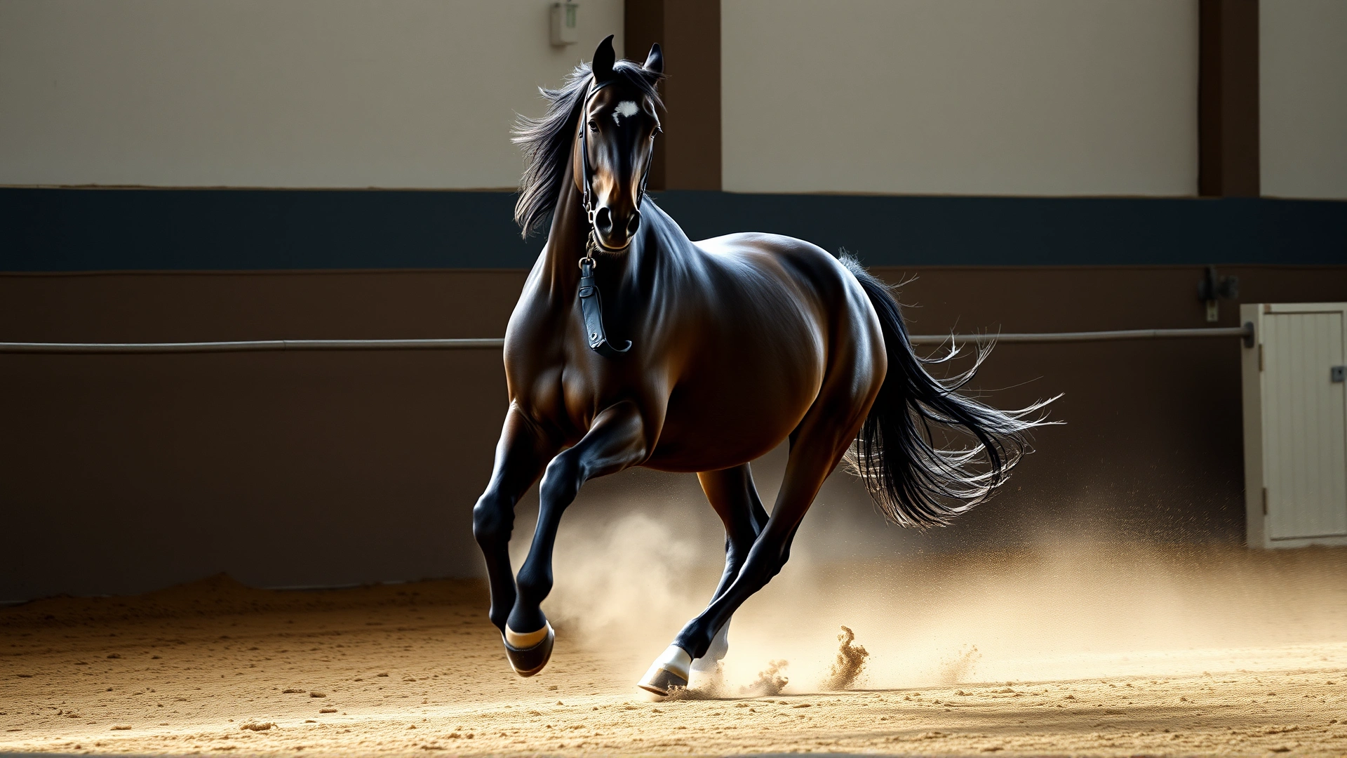 Falabella horse trotting freely in a small arena with dust kicking up, illustrating its energy and athleticism