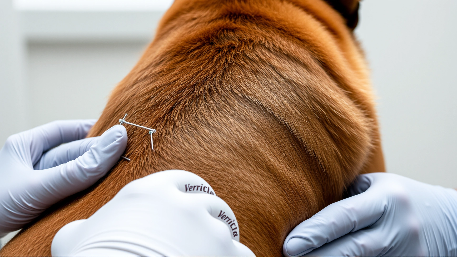 Close-up of a veterinarian placing acupuncture needles in a relaxed dog’s lower back, clinical environment.