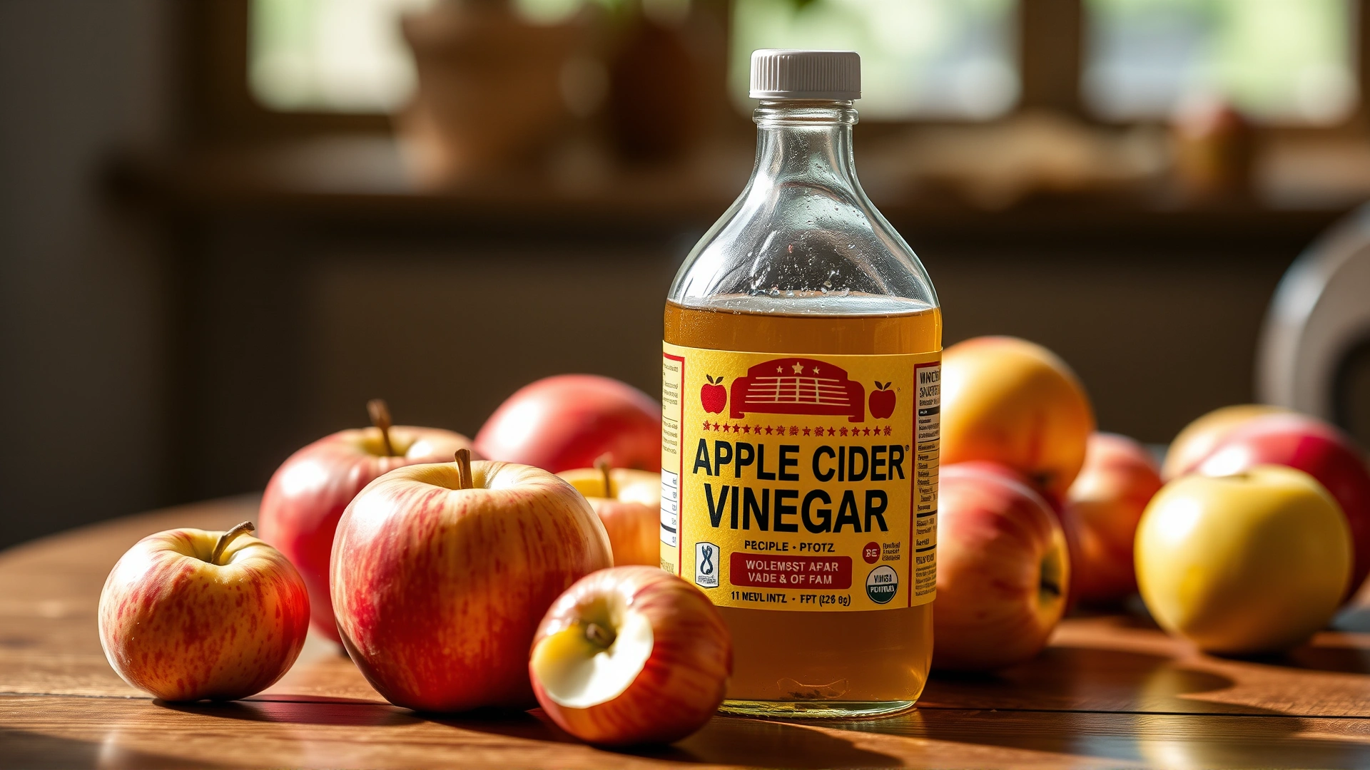 Artistic close-up of an apple cider vinegar bottle and fresh apples on a wooden table with soft natural light, conveying a wholesome, natural remedy.