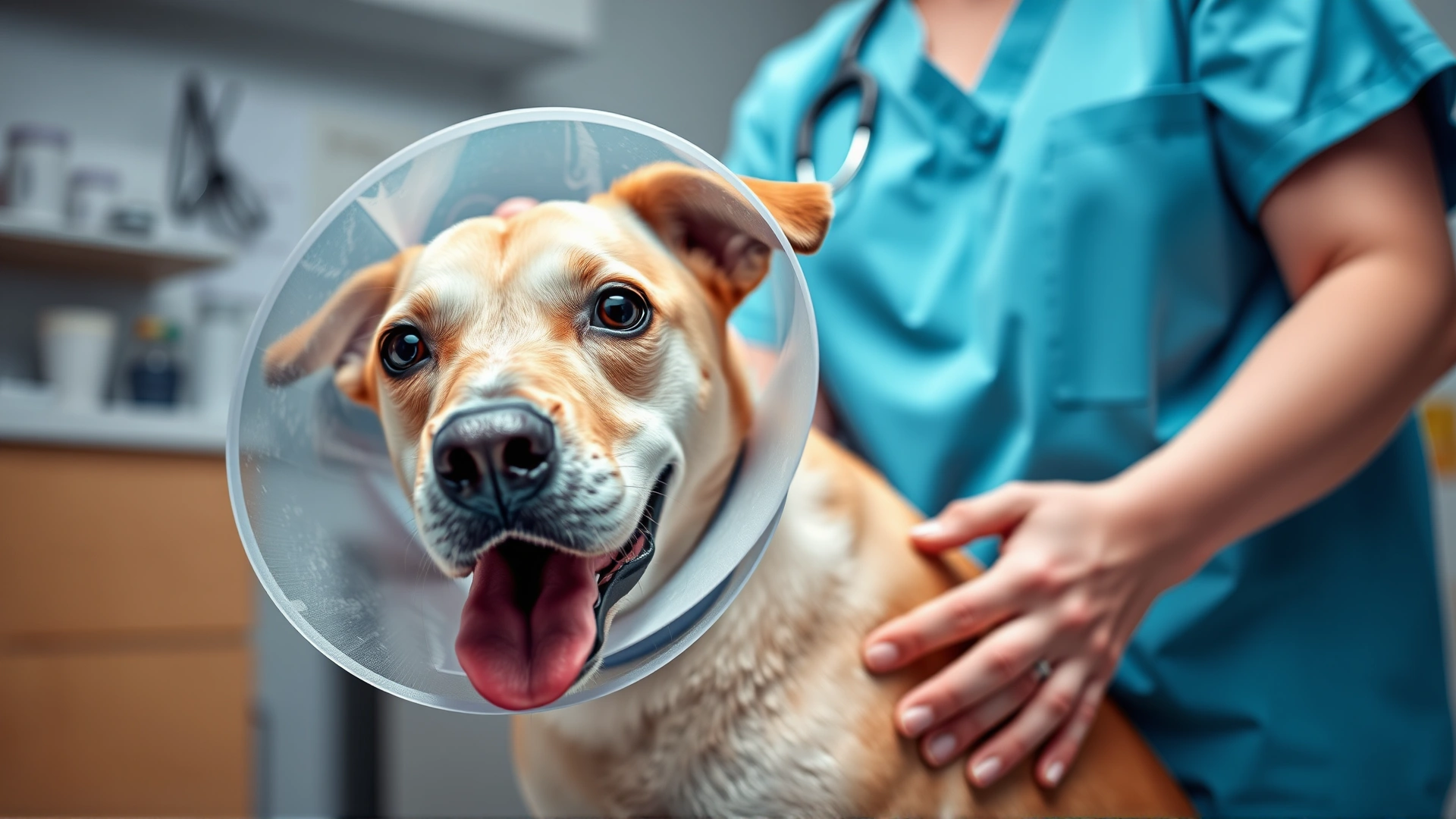 Veterinarian gently adjusting a dog’s protective cone in a clinic setting, showing caring hands and medical environment.