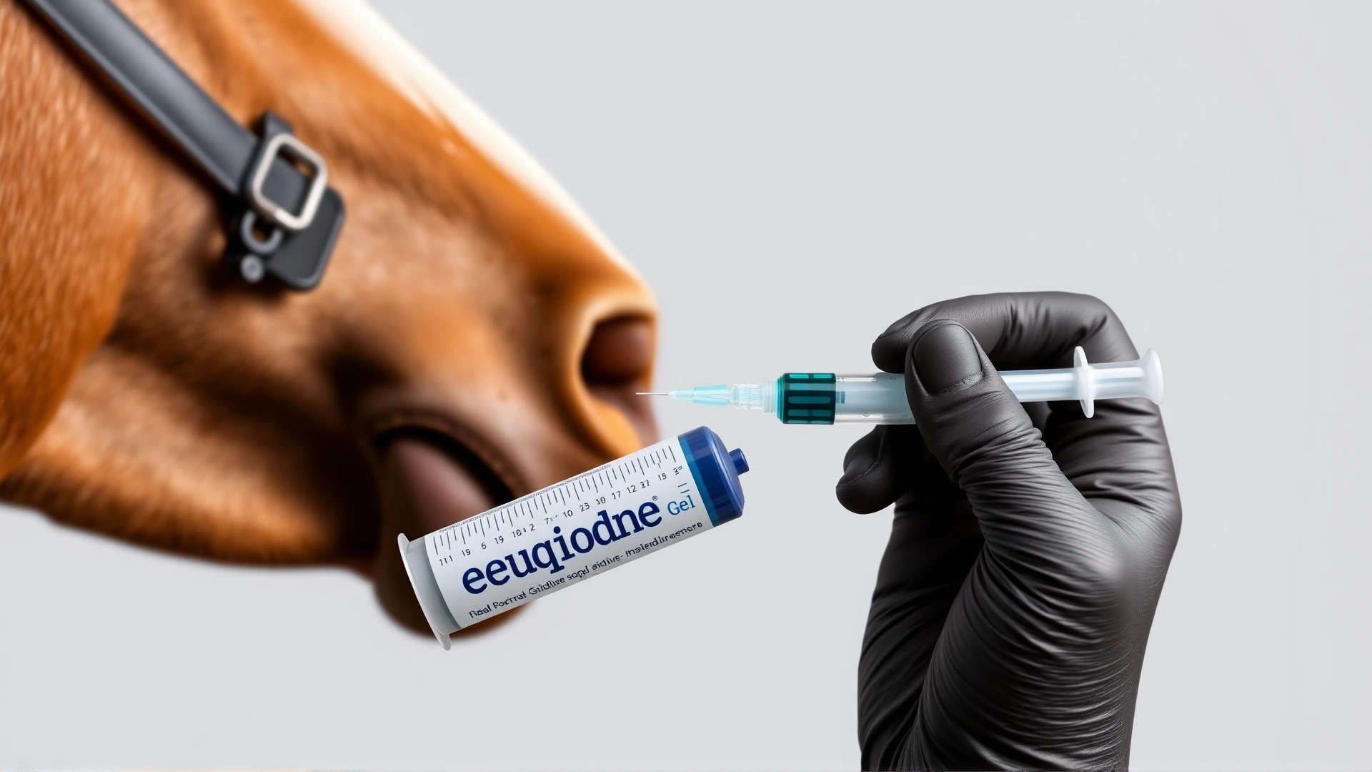 Close-up shot of a hand holding an Equidone Gel syringe aimed at the corner of a horse's mouth; plain background; no branding text.