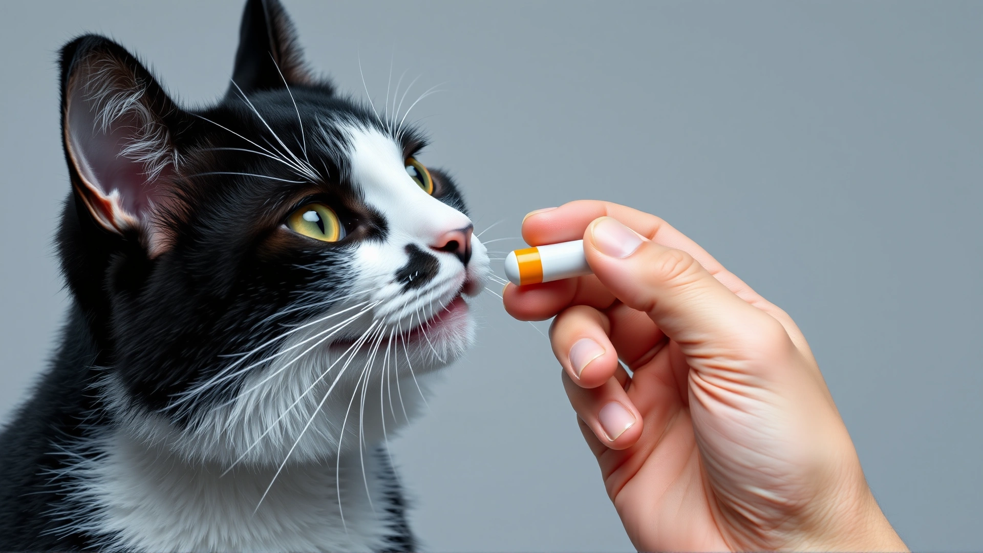 Close-up of human hand giving a small pill to a cooperative black-and-white cat using a pill popper tool, neutral background.