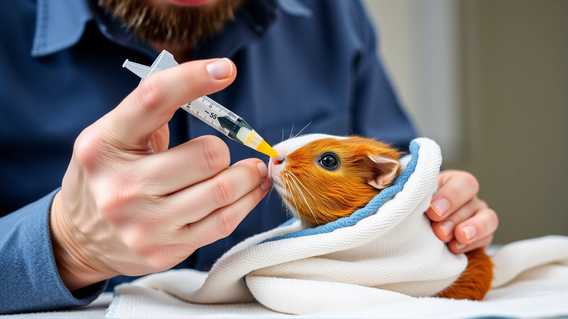 Owner carefully giving oral medication to a guinea pig using a syringe while the animal is wrapped in a towel, close-up shot.