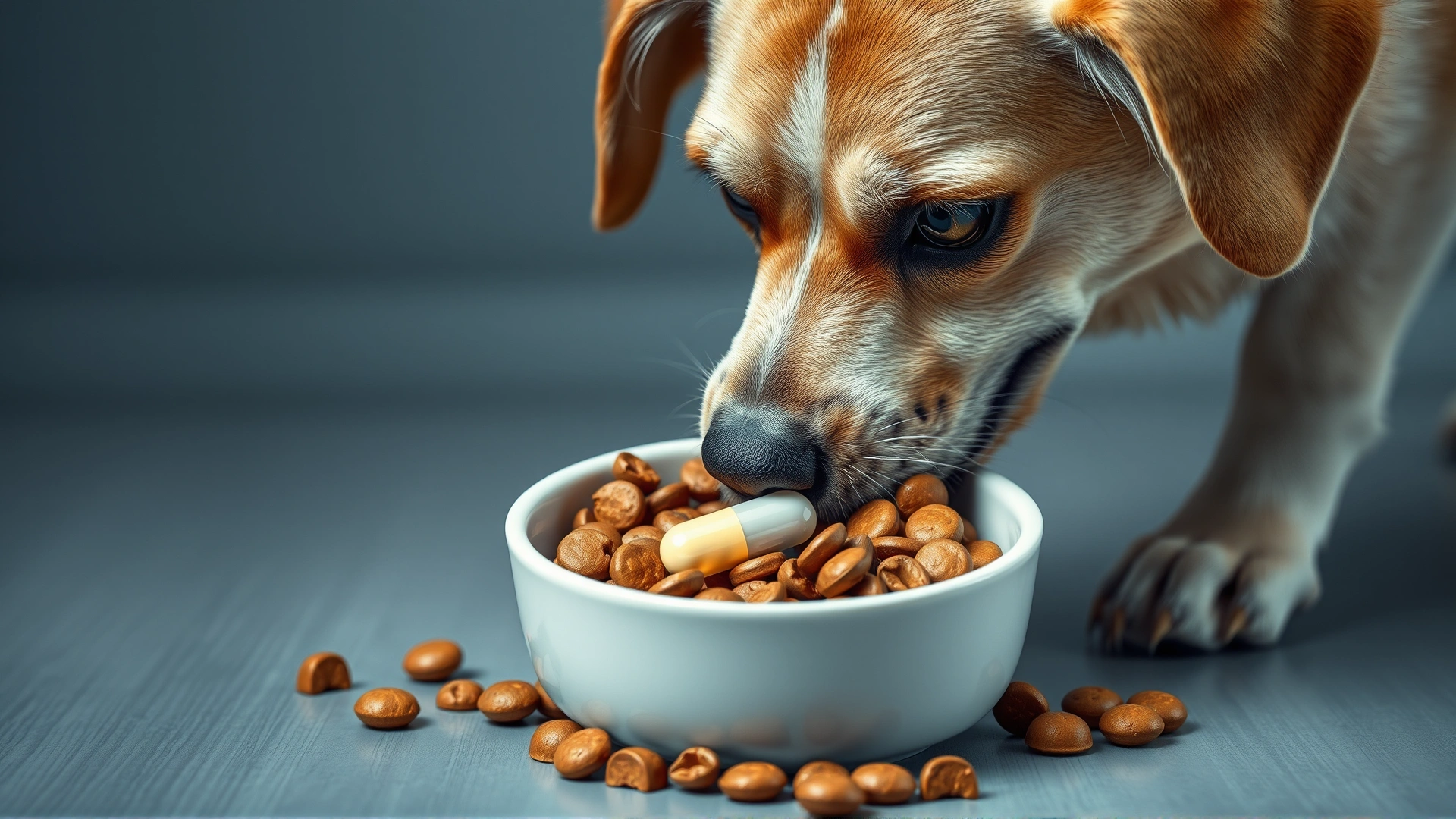 Close-up of a dog eating kibble from a bowl with a hidden capsule inside the food.