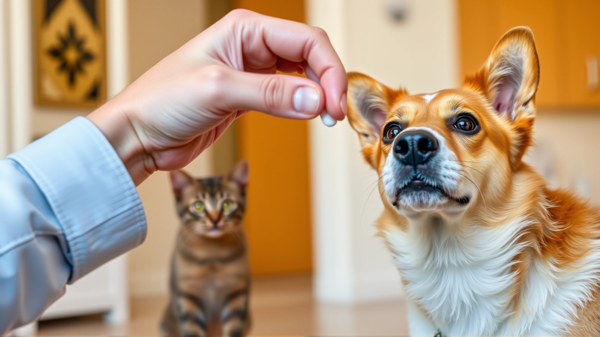 Human hand offering a small white pill to a cooperative dog while a curious cat watches in the background, bright indoor setting.