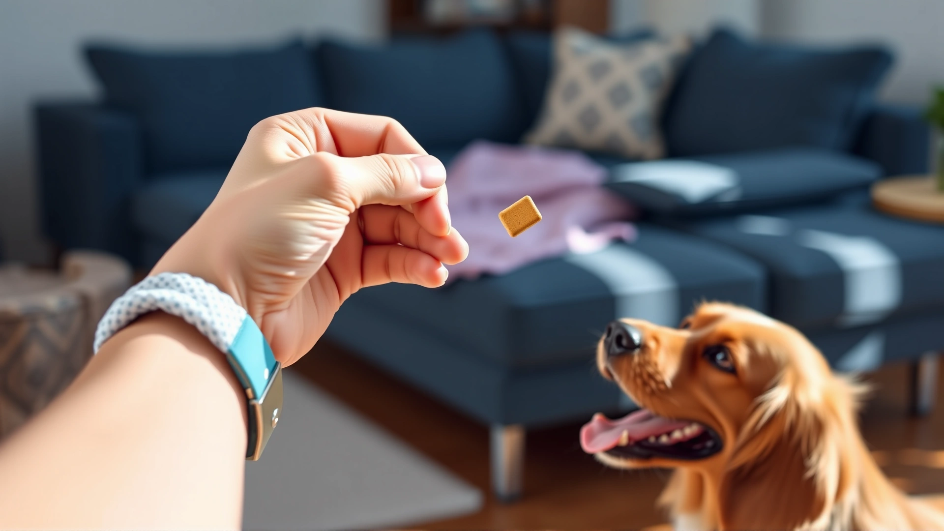 Pet owner’s hand offering a flavored chewable tablet to an obedient dog in a living room, shallow depth of field, natural light.