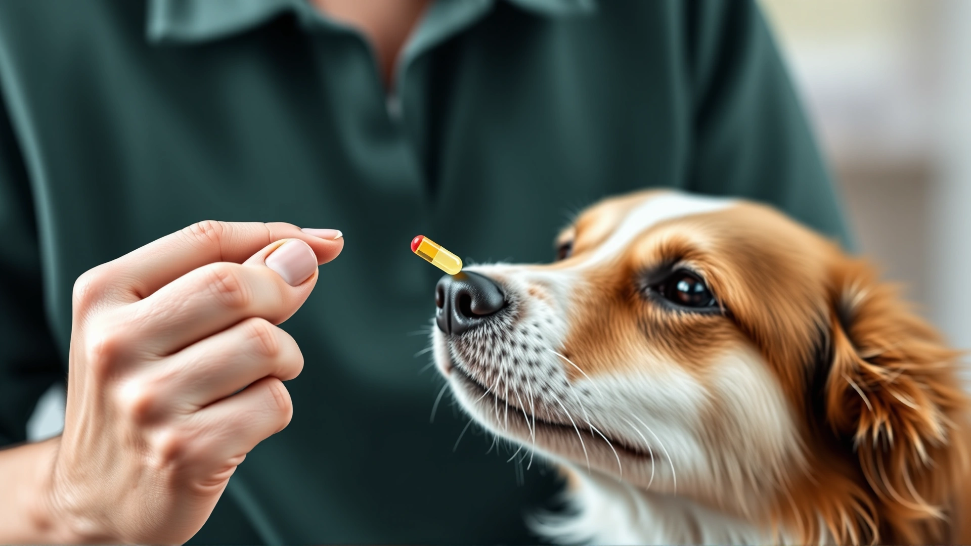 Pet owner giving a small capsule to a cooperative dog, close-up on hand and dog mouth, no visible brand names or text