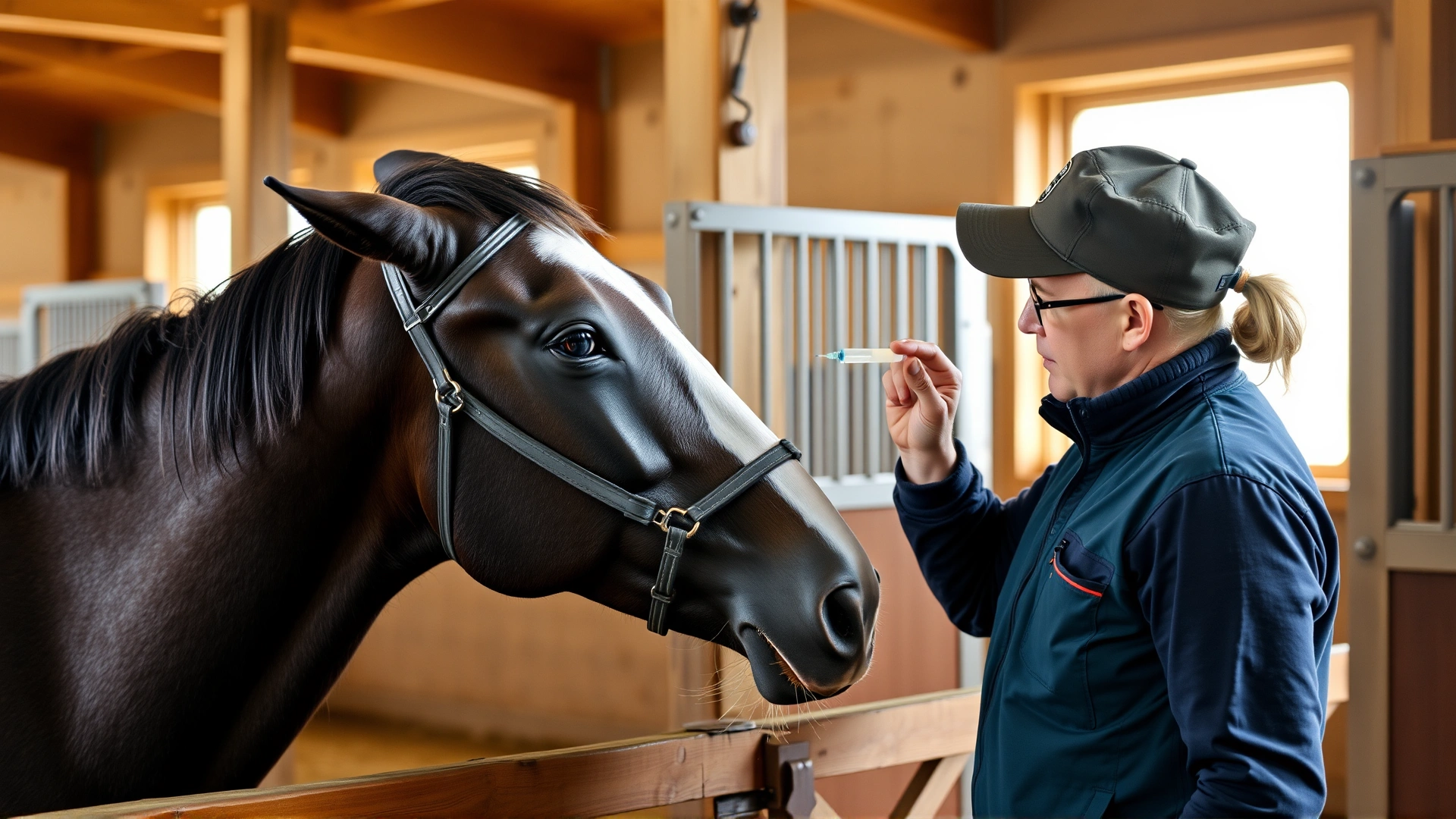 Horse owner gently administering oral medication to a calm horse with a dosing syringe inside a barn