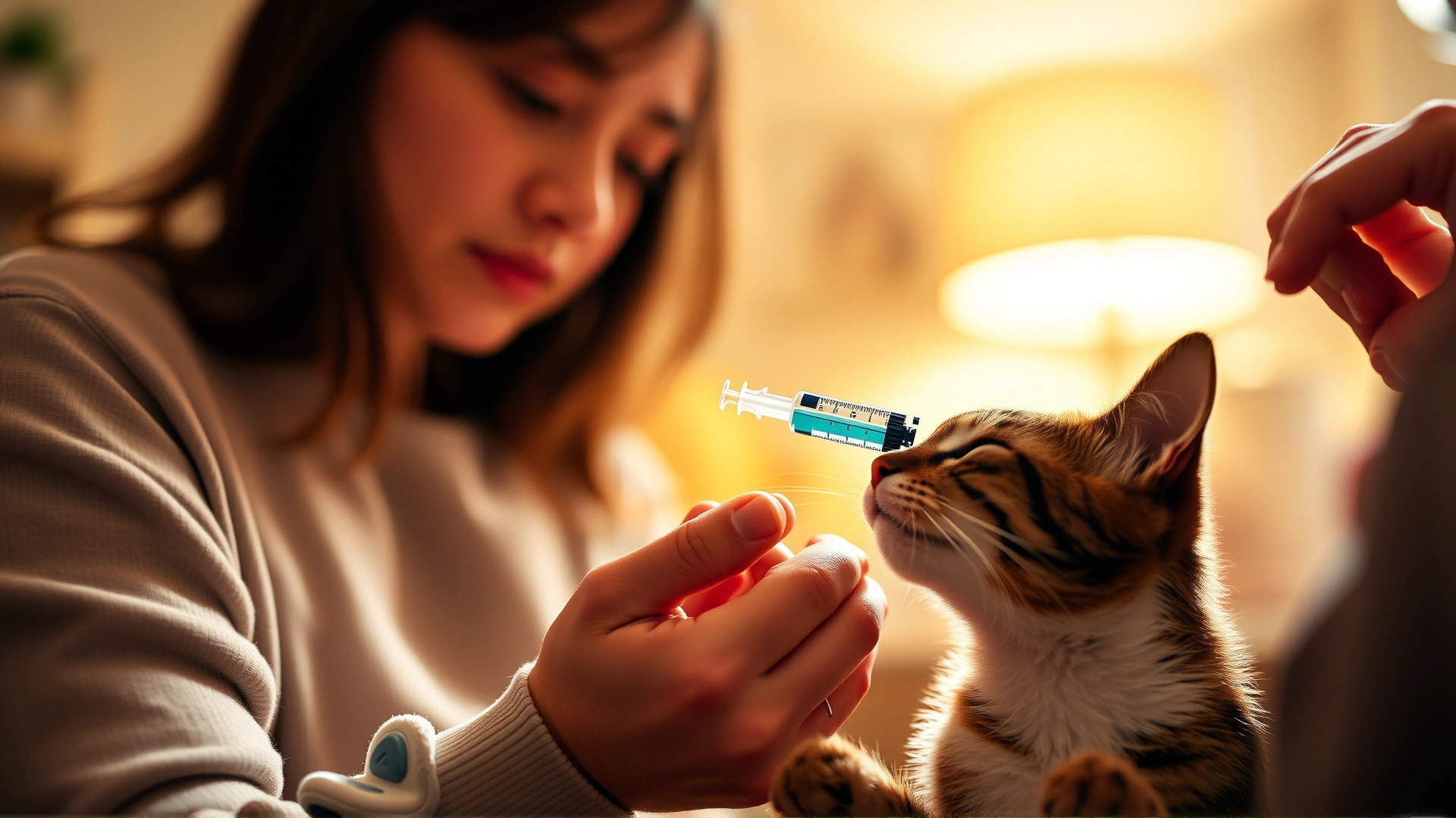Pet owner gently giving liquid medicine to a calm tabby cat using an oral syringe at home, warm indoor lighting
