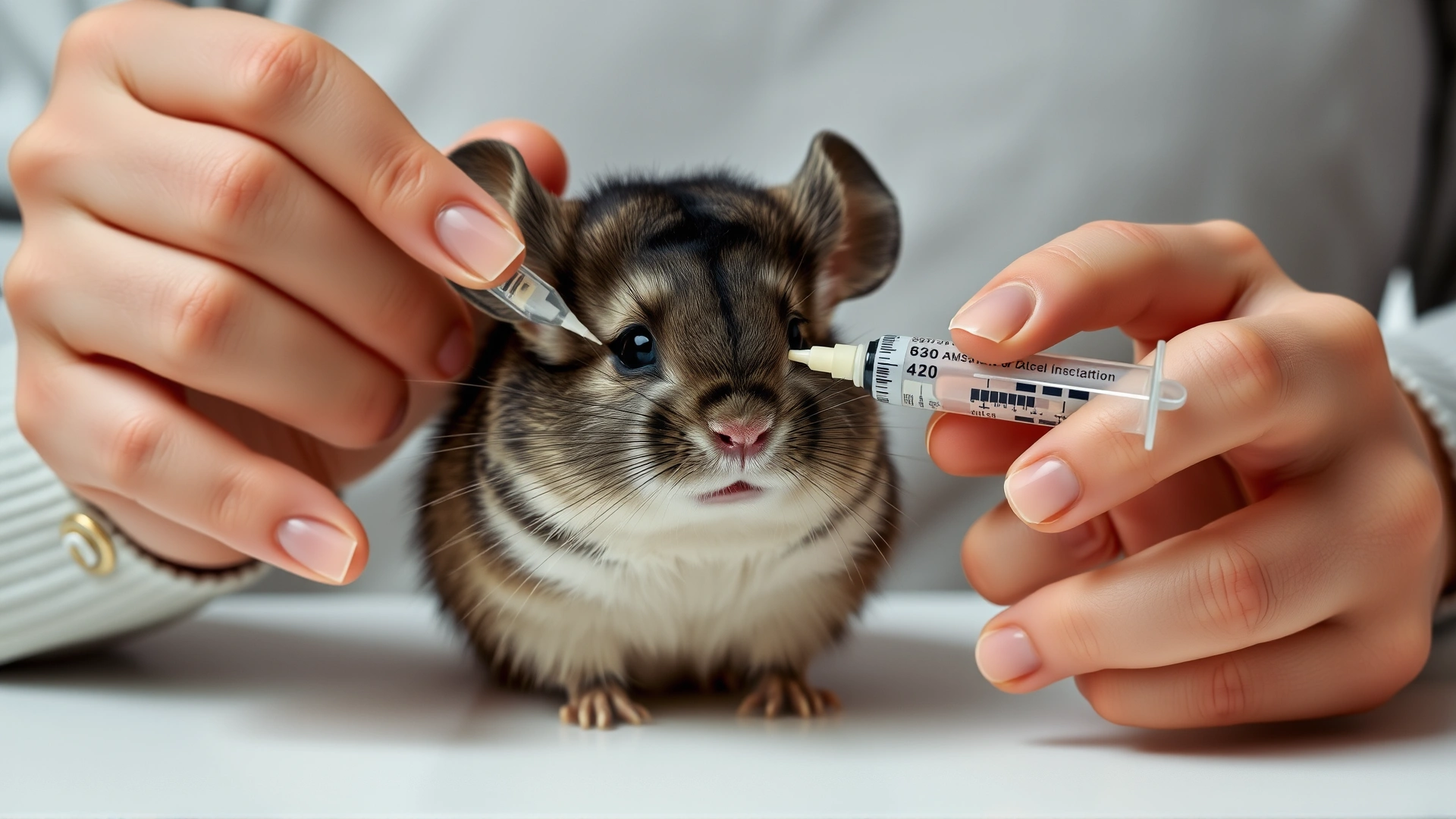 Pet owner using a small syringe to give oral medication to a chinchilla, close-up on hands and animal, neutral background.